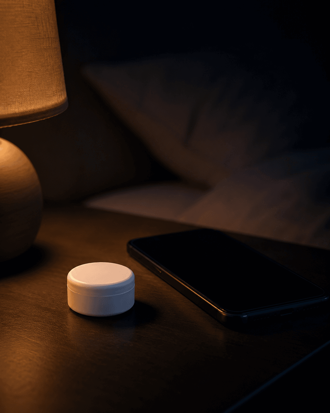 A dimly lit desk with a lamp and laptop at night