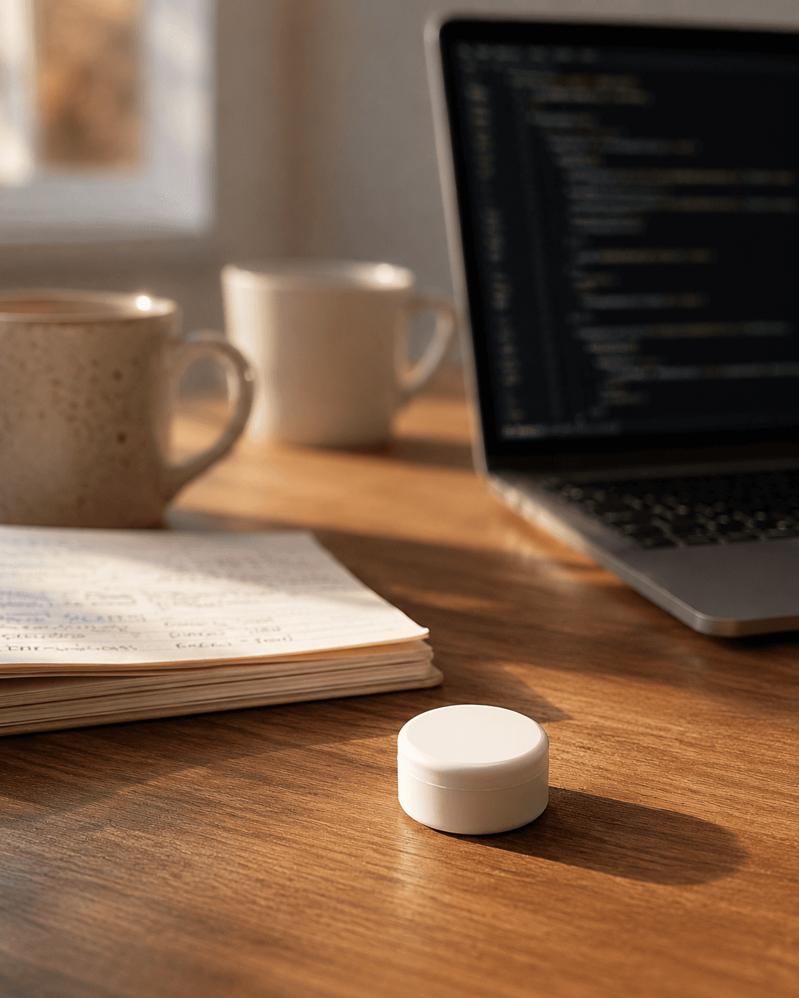 A laptop and notebook arranged on a quiet desk