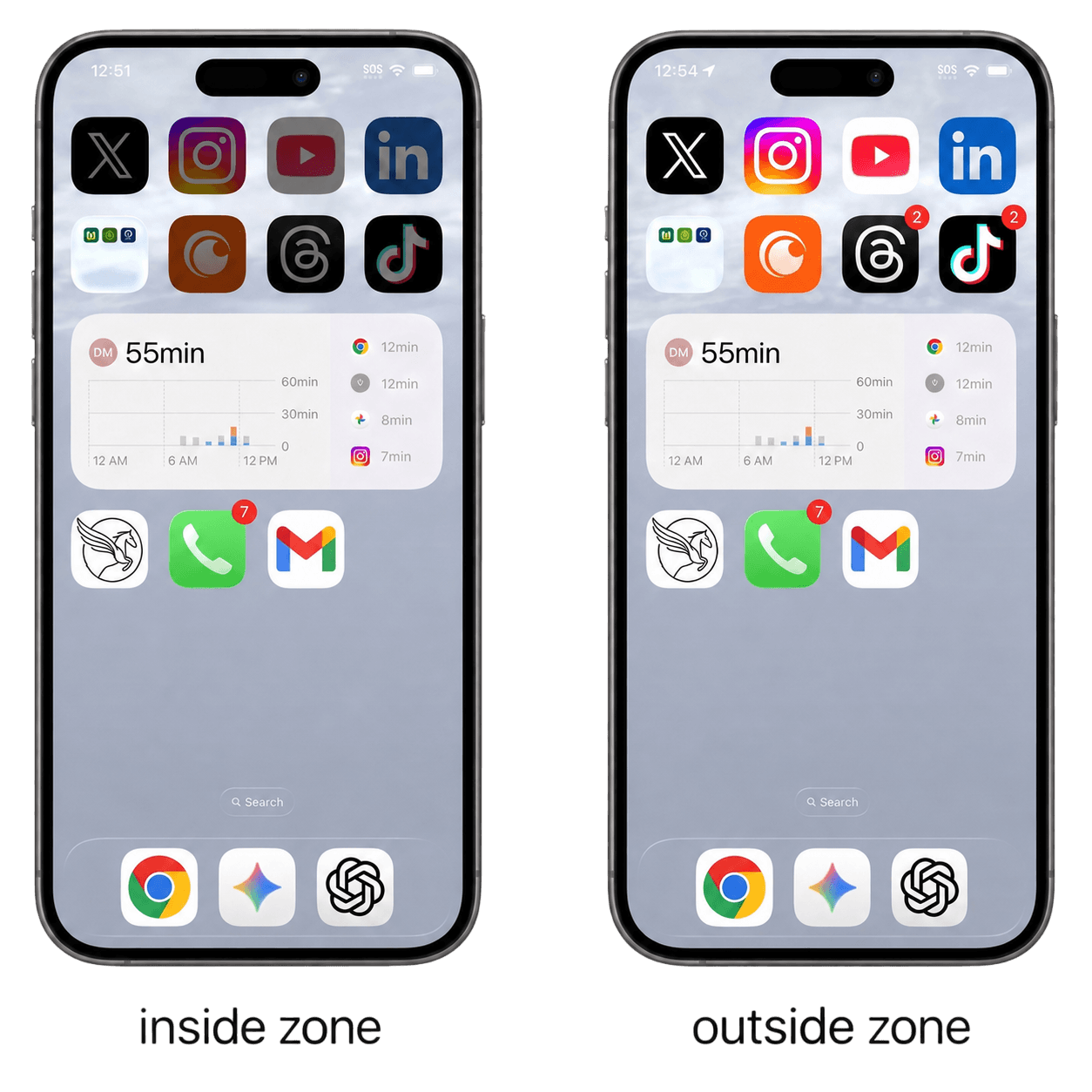 Two iPhones side by side. The left shows selected apps locked. The right shows the same apps unlocked.