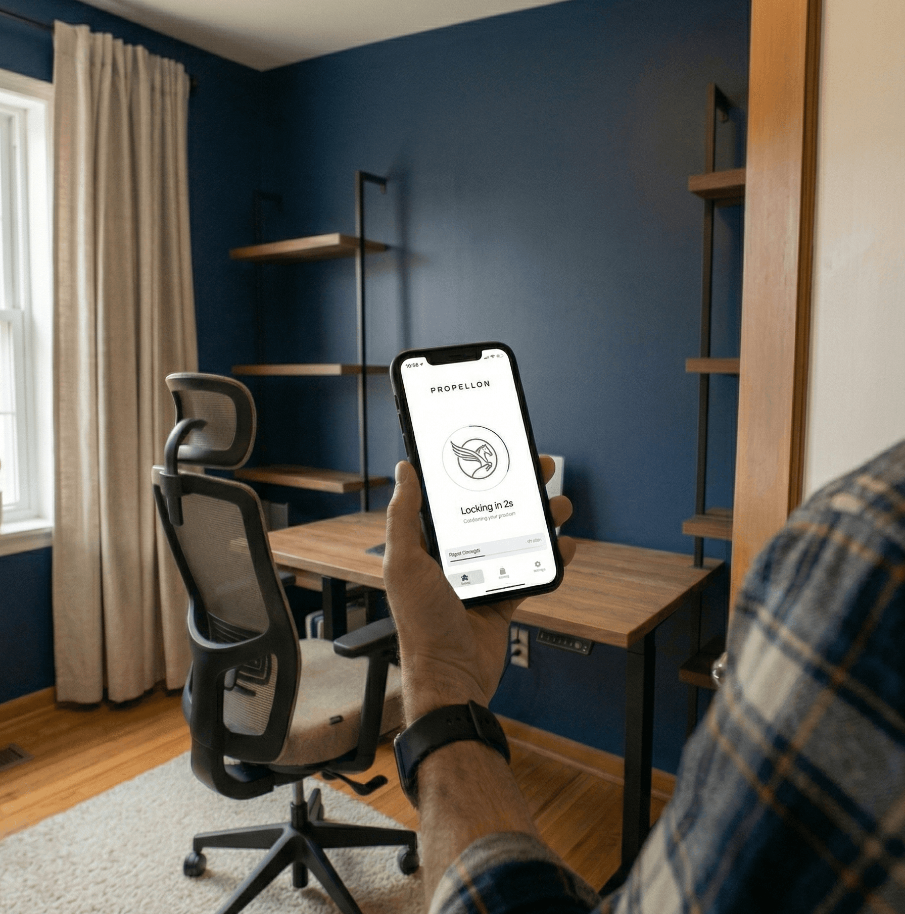 Propellon Beacon on a desk showing how apps lock when you walk into the focus zone and unlock when you leave